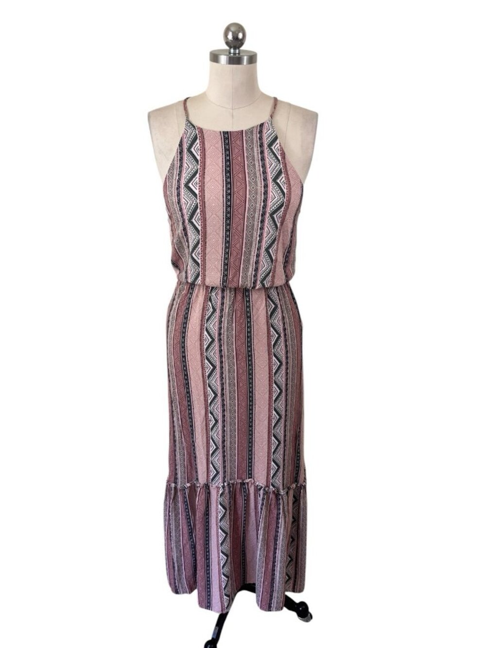 THML Boho-Chic  Embroidered Tiered Maxi Dress Womens Small Pink Southwest Aztec